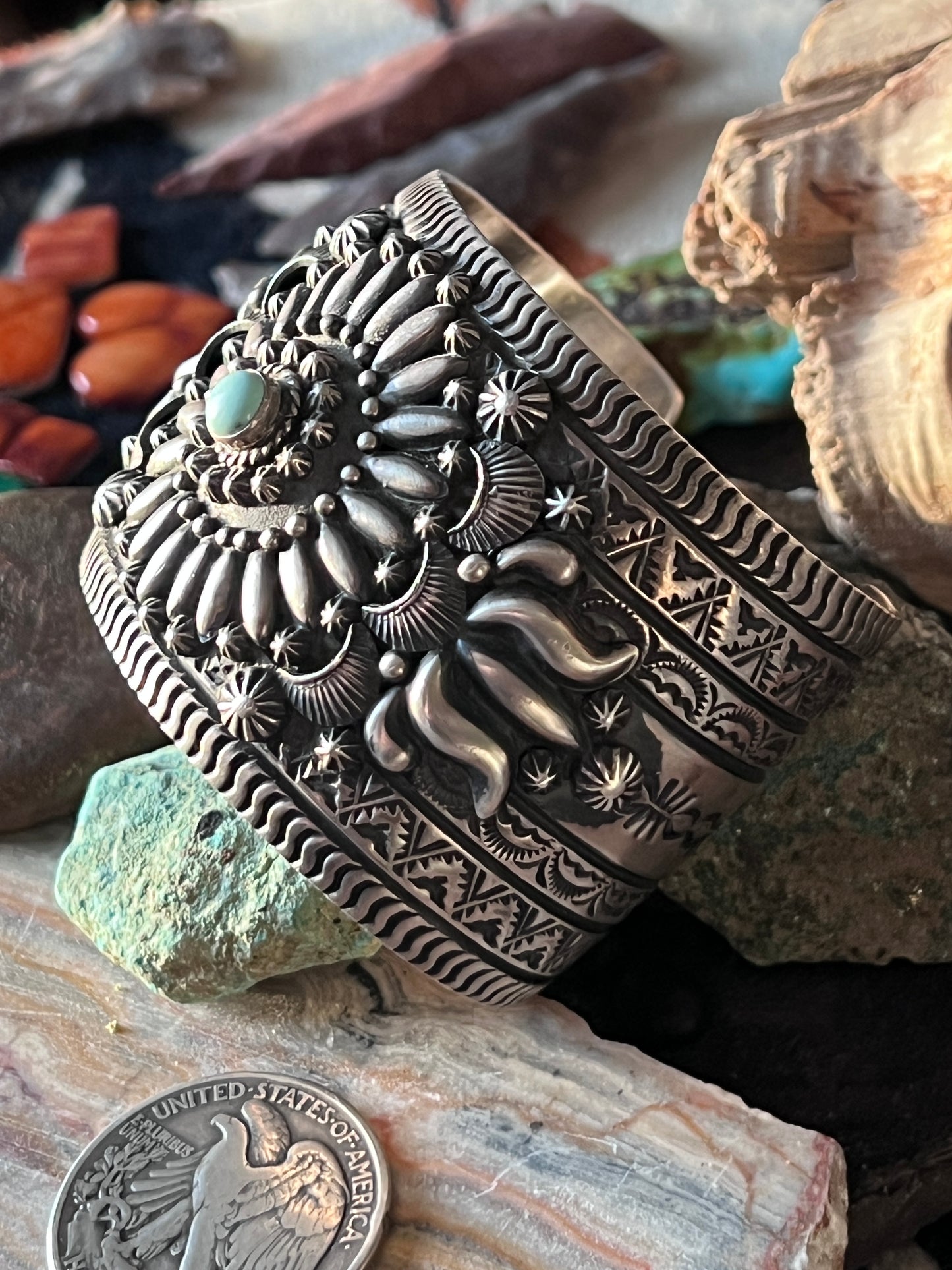 Darryl Becenti Sterling Silver Stamped & Appliqué Cuff Bracelet w/ Dry Creek Turquoise Accent
