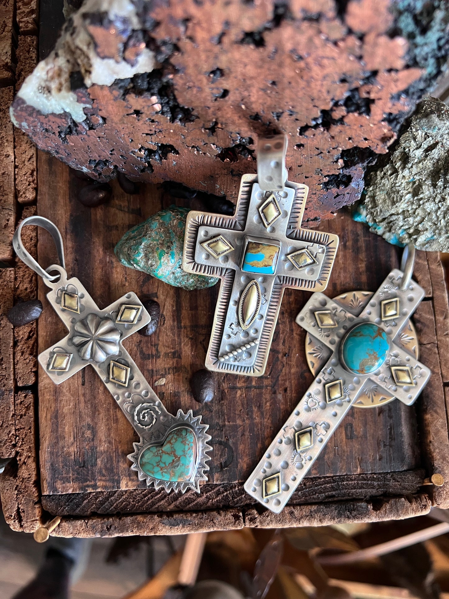 Hand Stamped Sterling Silver, Brass & Royston Turquoise Cross Pendant by Kimari Somers