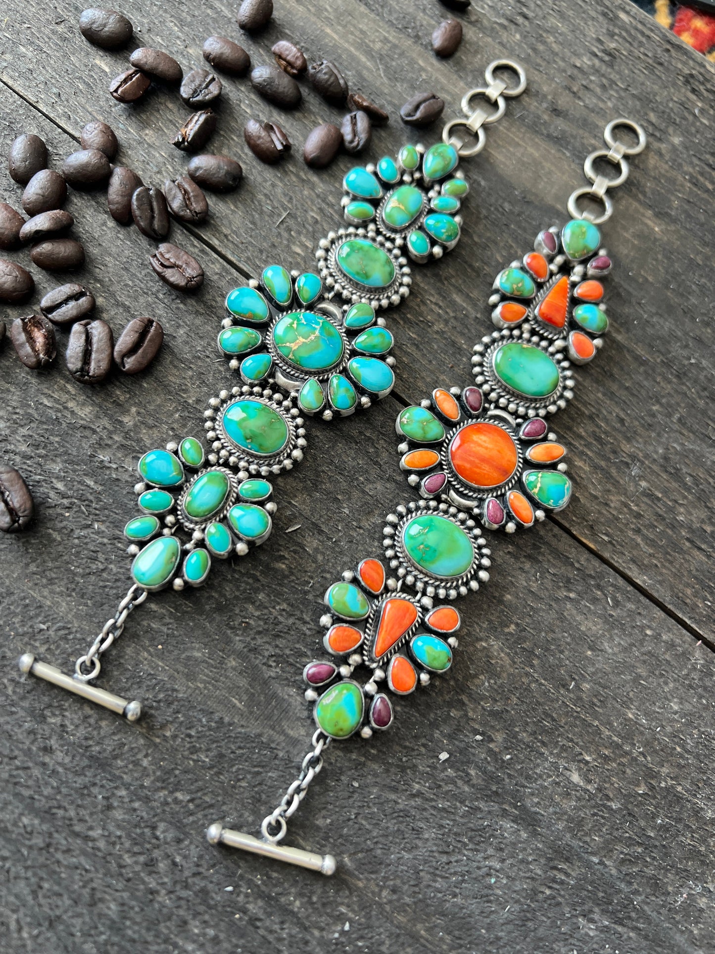 Stunning Navajo Sterling Silver, Sonoran Mountain Turquoise and Spiny Oyster Shell Cluster Link Bracelets by Diane Wylie