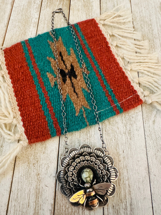 Navajo Sterling Silver and Turquoise Sunflower Necklace with Bee by Russell Sam