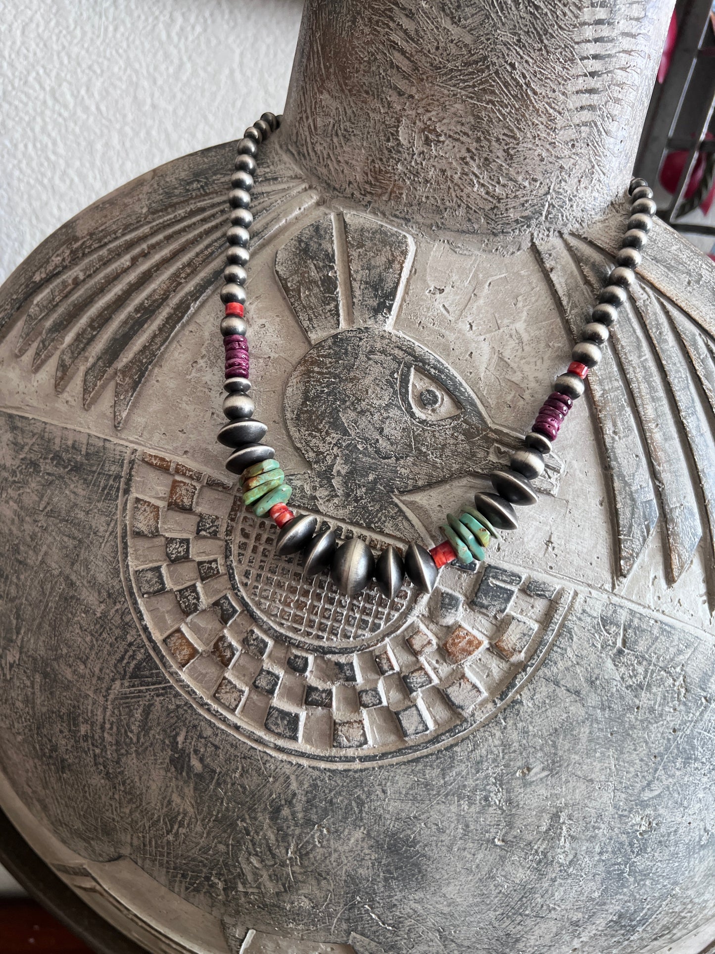 Rose Martin Sterling Silver, Turquoise and Spiny Oyster Single Strand Beaded Necklace, 18 + 1-1/2 inches