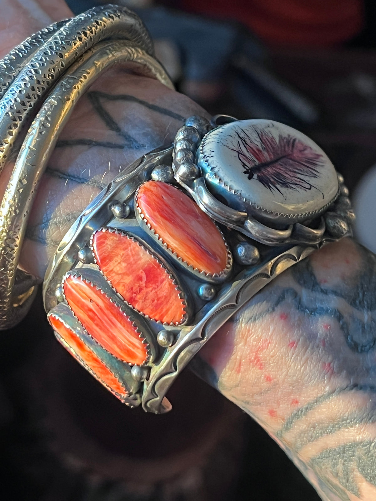 Sterling Silver and Spiny Oyster Shell Repurposed Ben Duboise Watch Cuff Bracelet by Isaac Baca