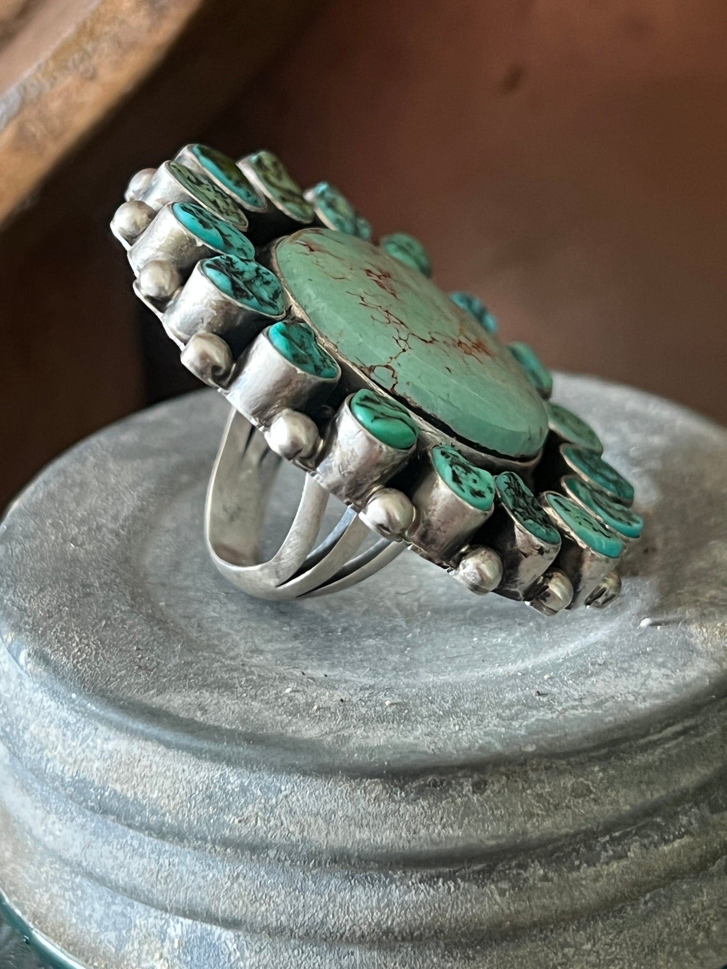 Navajo Sterling Silver Around The World Kingman Cluster Ring by Blaine Yellowhorse, Size 7.5