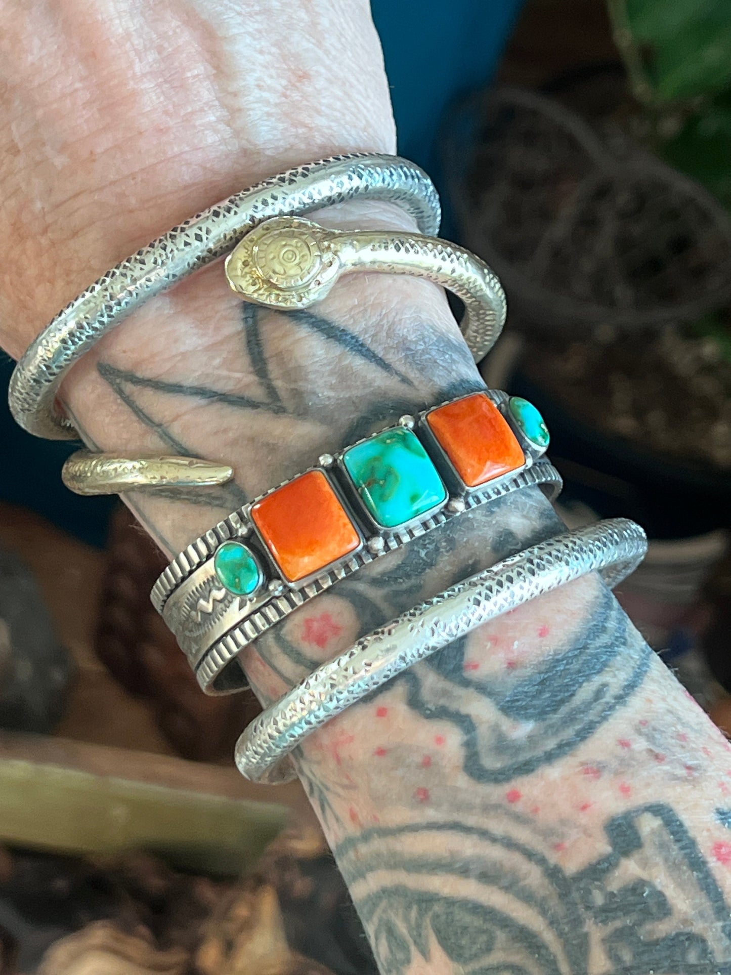 Handcrafted Sterling Silver Electric Rainbow Sonoran Turquoise and Spiny Oyster Stacker Cuff Bracelet by Murphy Platero