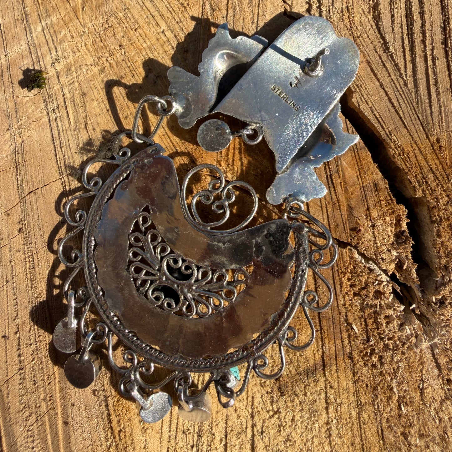 Sterling Silver Half Disc and Turquoise Filigree Lovebird Earrings by Federico Jimenez