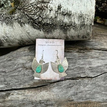Native Made Sterling Silver and Oval Turquoise Thunderbird Earrings by Vernon Begay