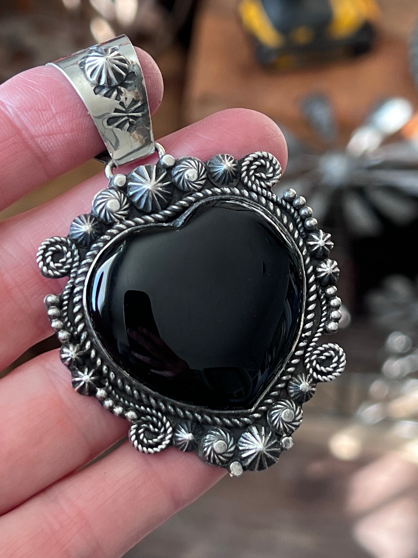 Black Onyx and Sterling Silver Heart Pendants by Rosella Paxson