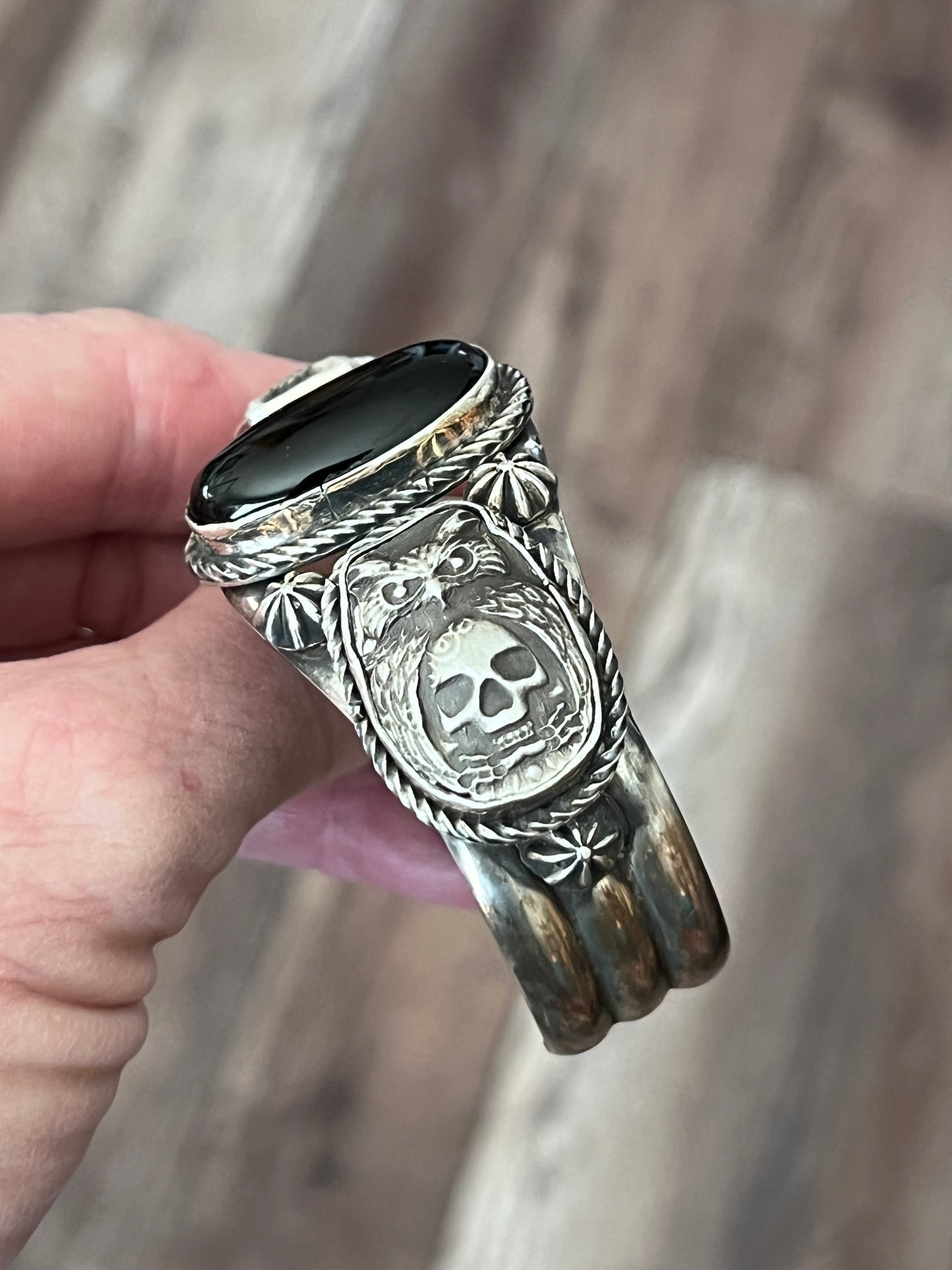 Rosella Paxson Onyx, Sterling Silver & Fine Silver Owl/Skull Cuff Bracelet