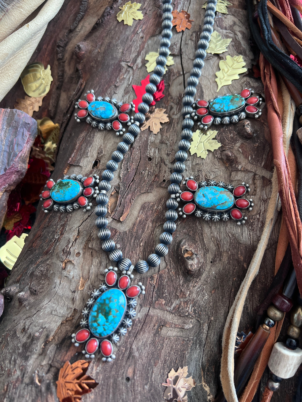 Taos Collection: Handcrafted Sterling Silver, Kingman Turquoise & Mediterranean Red Coral Necklace by Mark Yazzie