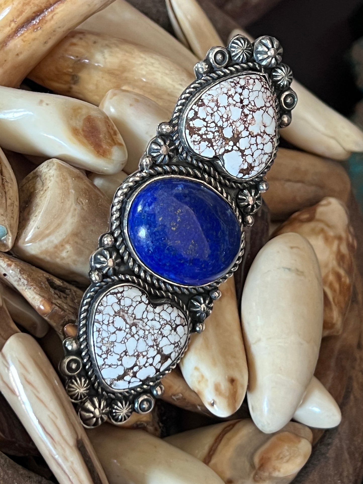 Rosella Paxson Triple Stone Sterling Silver Ring with Wild Horse Magnesite Hearts and Oval Lapis, Sz 8.5