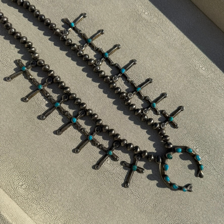 Vintage Sterling Silver and Turquoise Cross Squash Blossom Style Necklace Unsigned