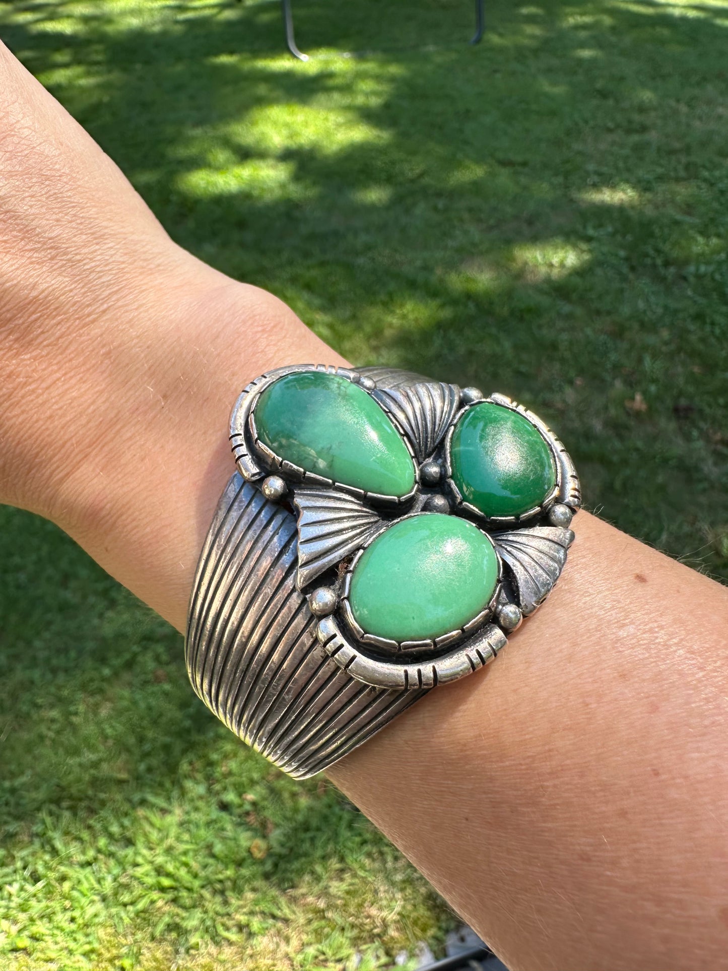 Vintage Sterling Silver Three Stone Green Goddess Cuff Bracelet, Unsigned