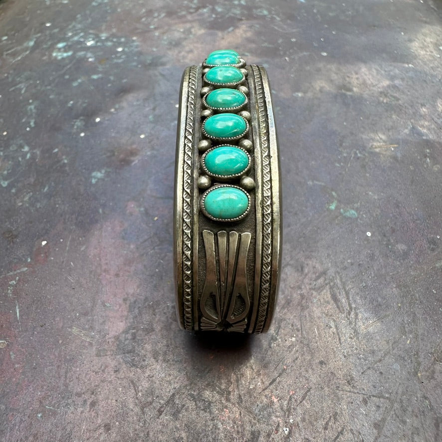 Navajo Made Sterling Silver and Turquoise Heavy Gauge Cuff Bracelet by Calvin Martinez