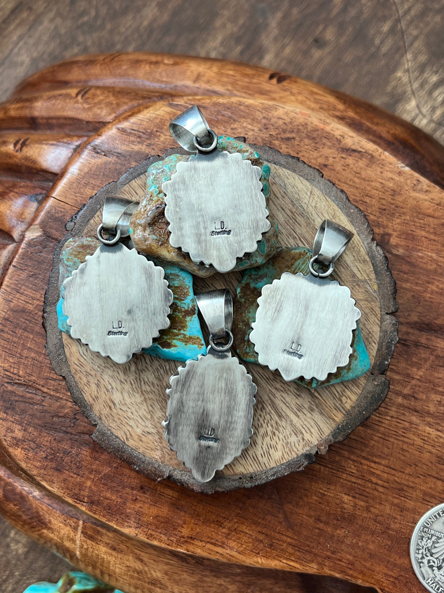 Navajo Sterling Silver and Burnt Spiny Oyster Shell Cluster Pendants by Loretta Delgarito
