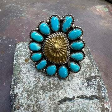 Navajo Sterling Silver and Turquoise Cluster Adjustable Ring by Ednei Yabeny