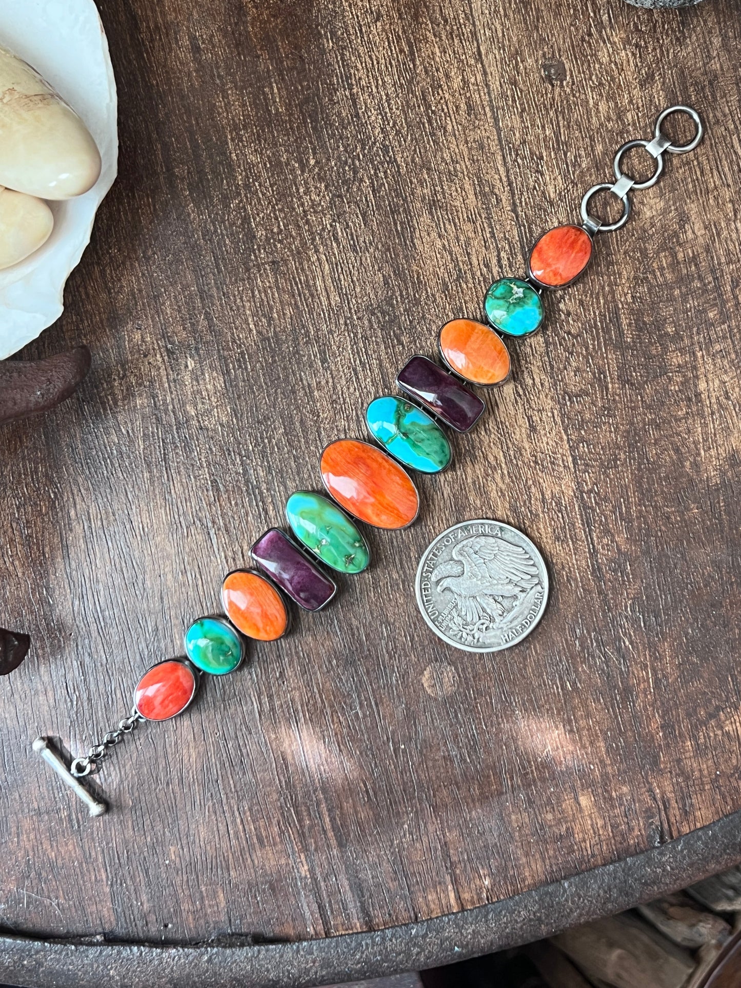Loretta Delgarito Sterling Silver Electric Rainbow Link Turquoise and Spiny Oyster Bracelet, Ovals & Rectangles