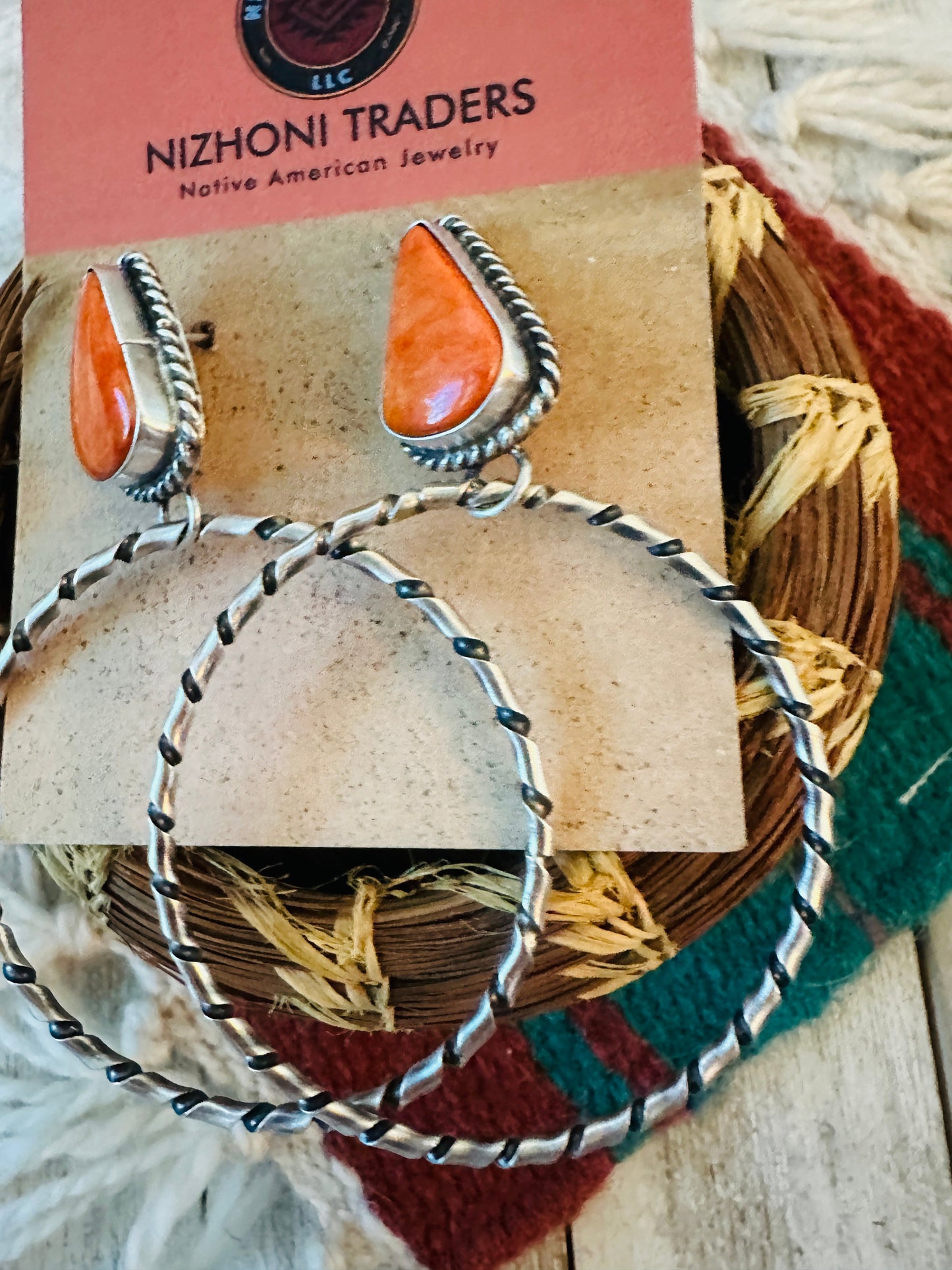 Navajo Orange Spiny and Sterling Silver Dangle Hoop Earrings
