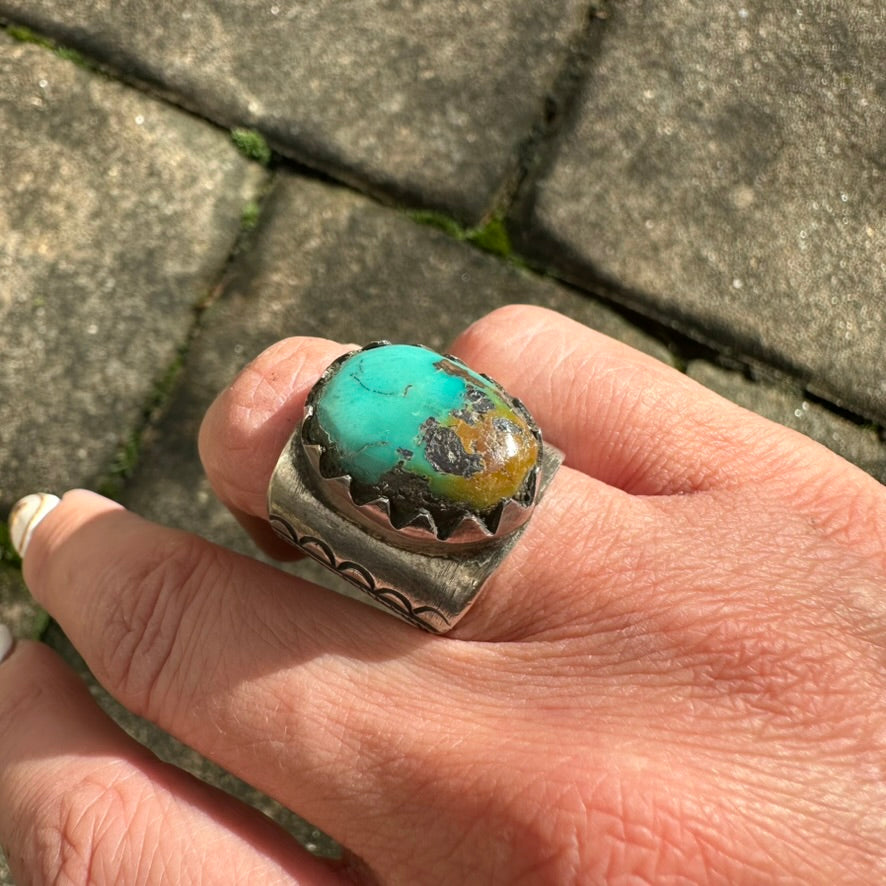 Artisan Made Ingot Silver and Turquoise Cigar Band Ring by Jock Favour