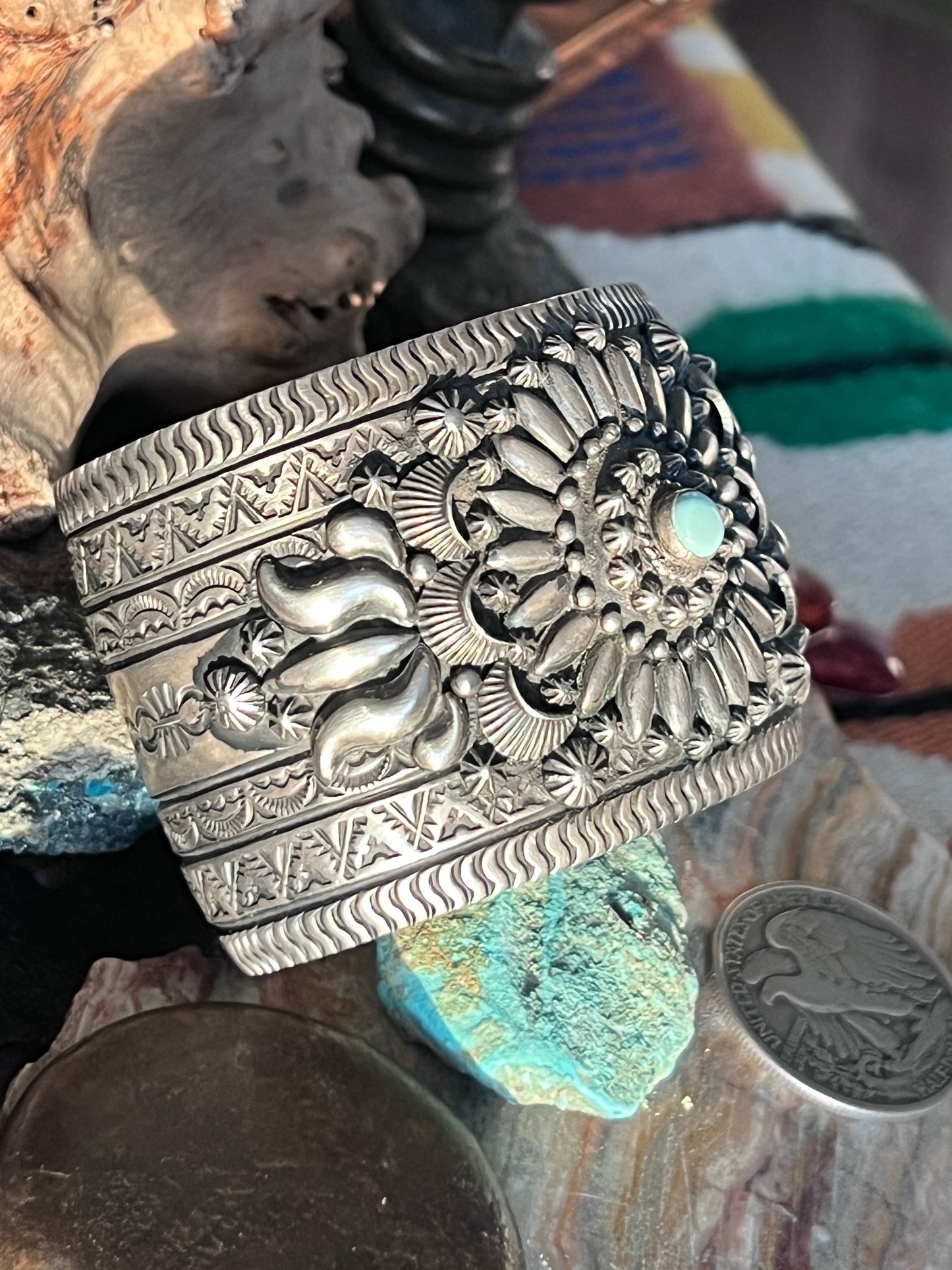 Darryl Becenti Sterling Silver Stamped & Appliqué Cuff Bracelet w/ Dry Creek Turquoise Accent