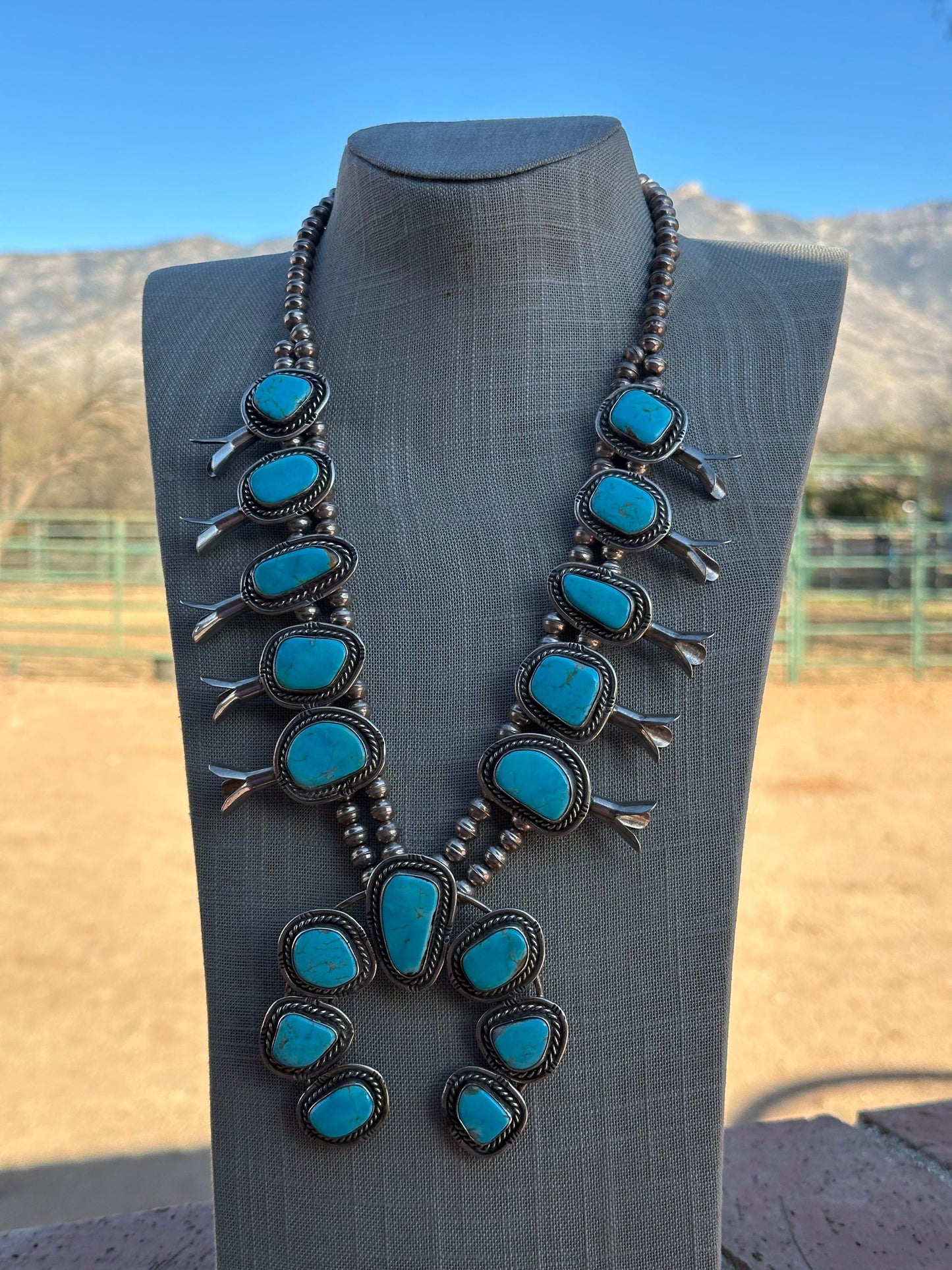 Estate Collection Old Pawn Navajo Turquoise & Sterling Silver Squash Blossom Necklace