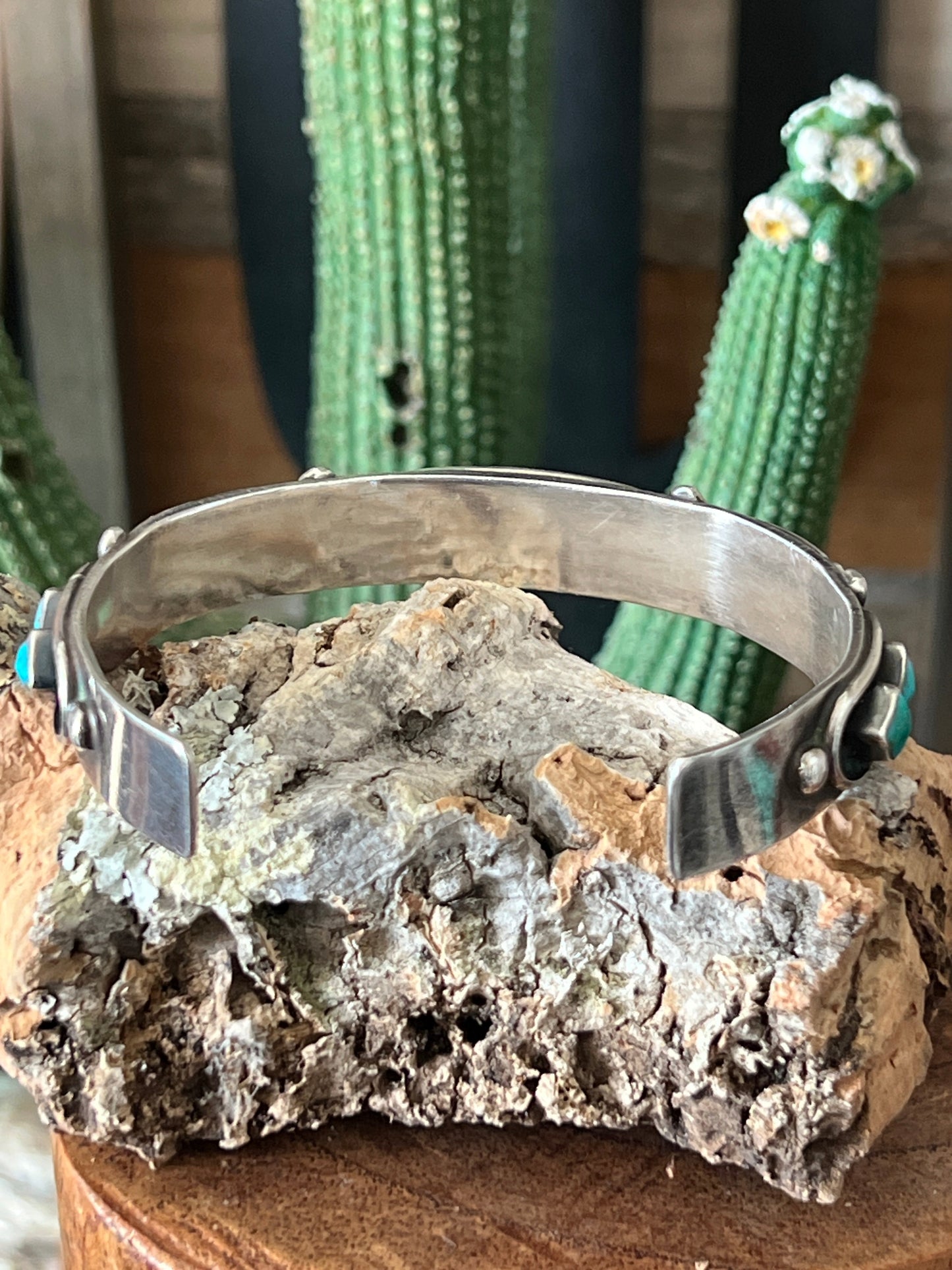 Vintage Zuni Sterling Silver and Four Diamond Turquoise Panel Stacker Cuff Bracelet