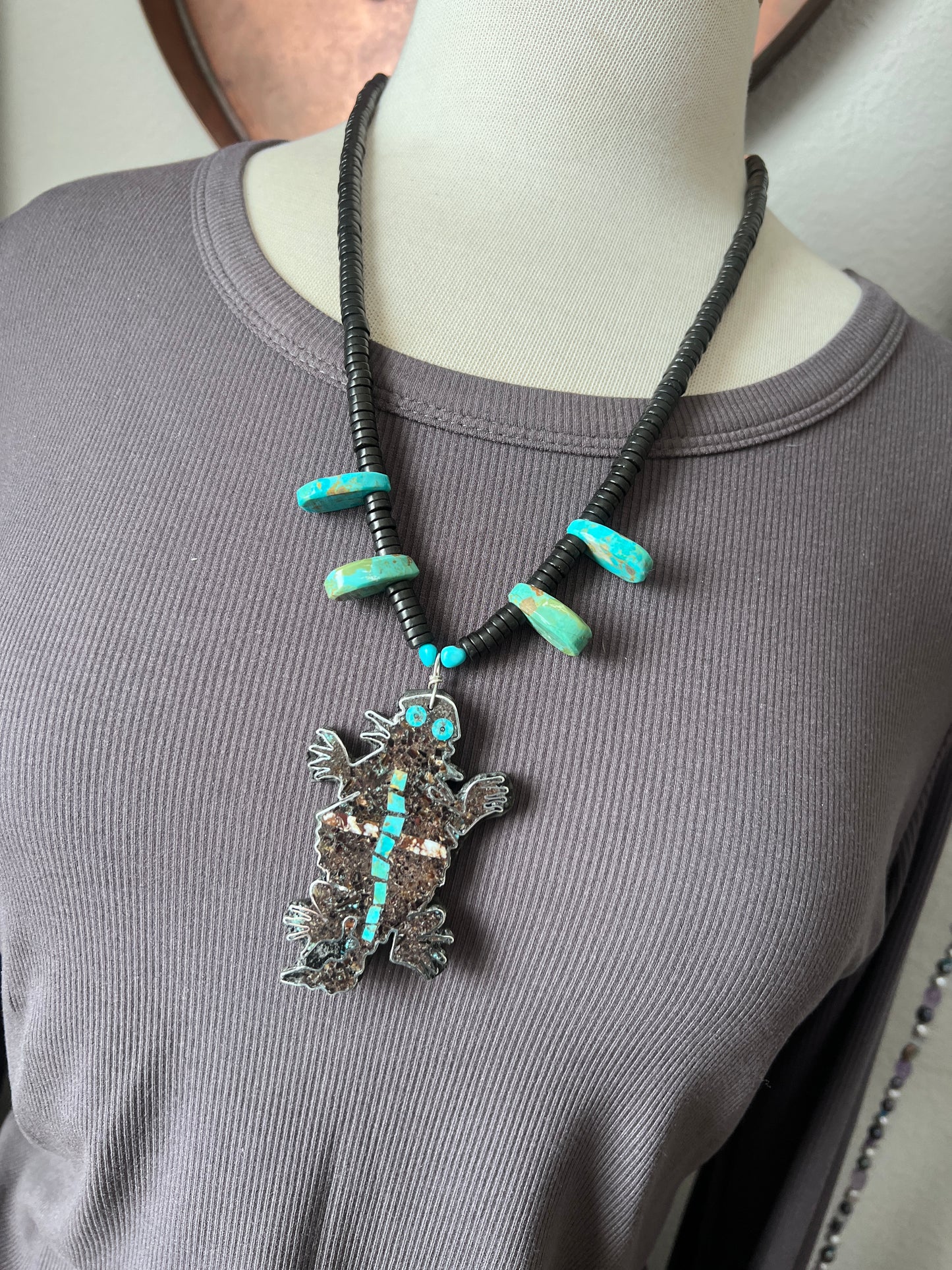 Kewa Made Sterling Silver and Inlaid Stone Horned Toad Desert Dreamer Necklace by Warren Nieto
