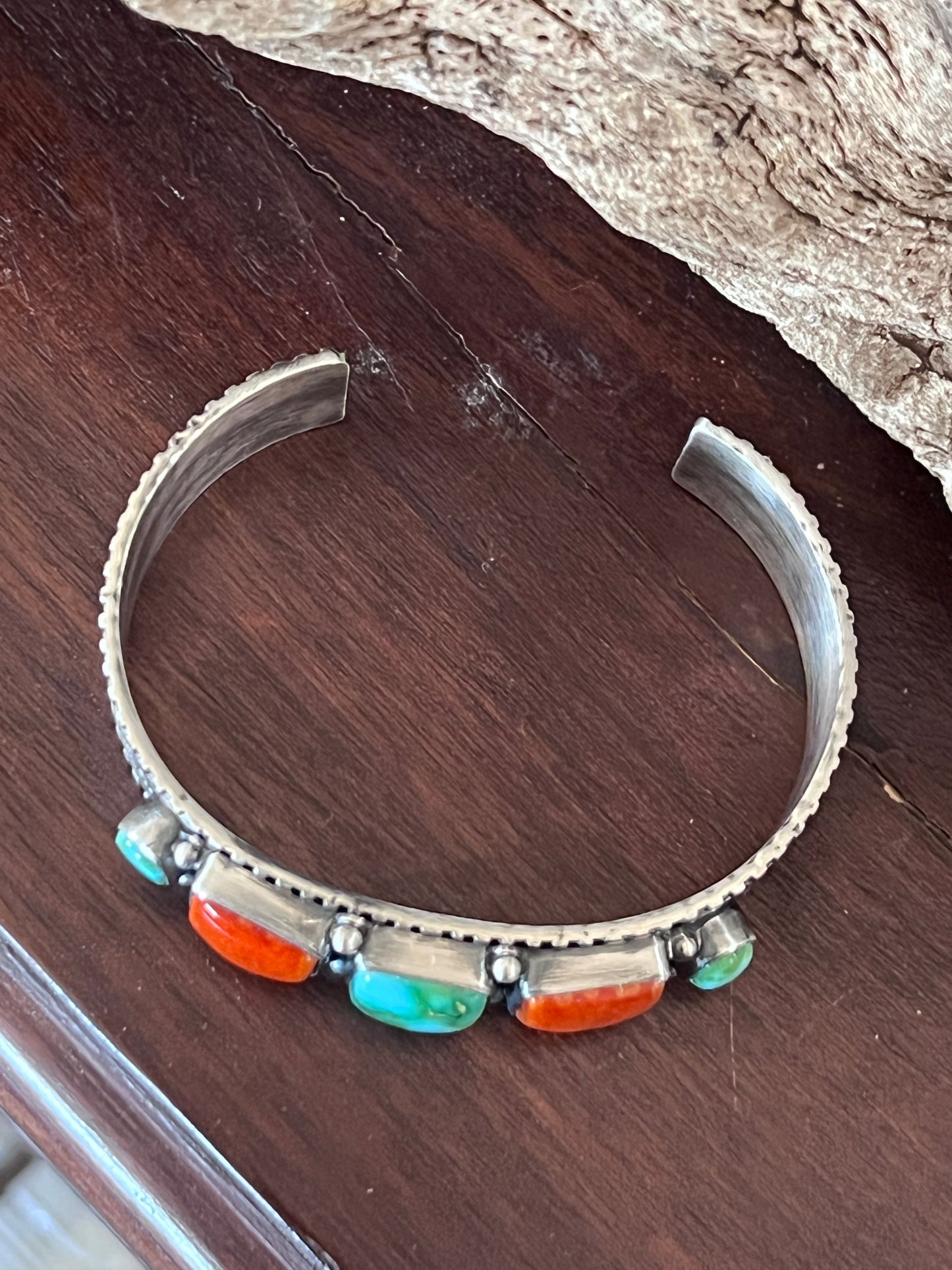 Handcrafted Sterling Silver Electric Rainbow Sonoran Turquoise and Spiny Oyster Stacker Cuff Bracelet by Murphy Platero