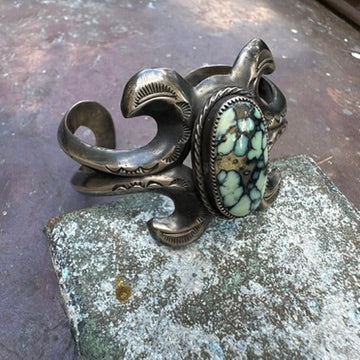 Navajo Made Sterling Tufa Cast Variscite Cuff Bracelet by Reggie Mitchell
