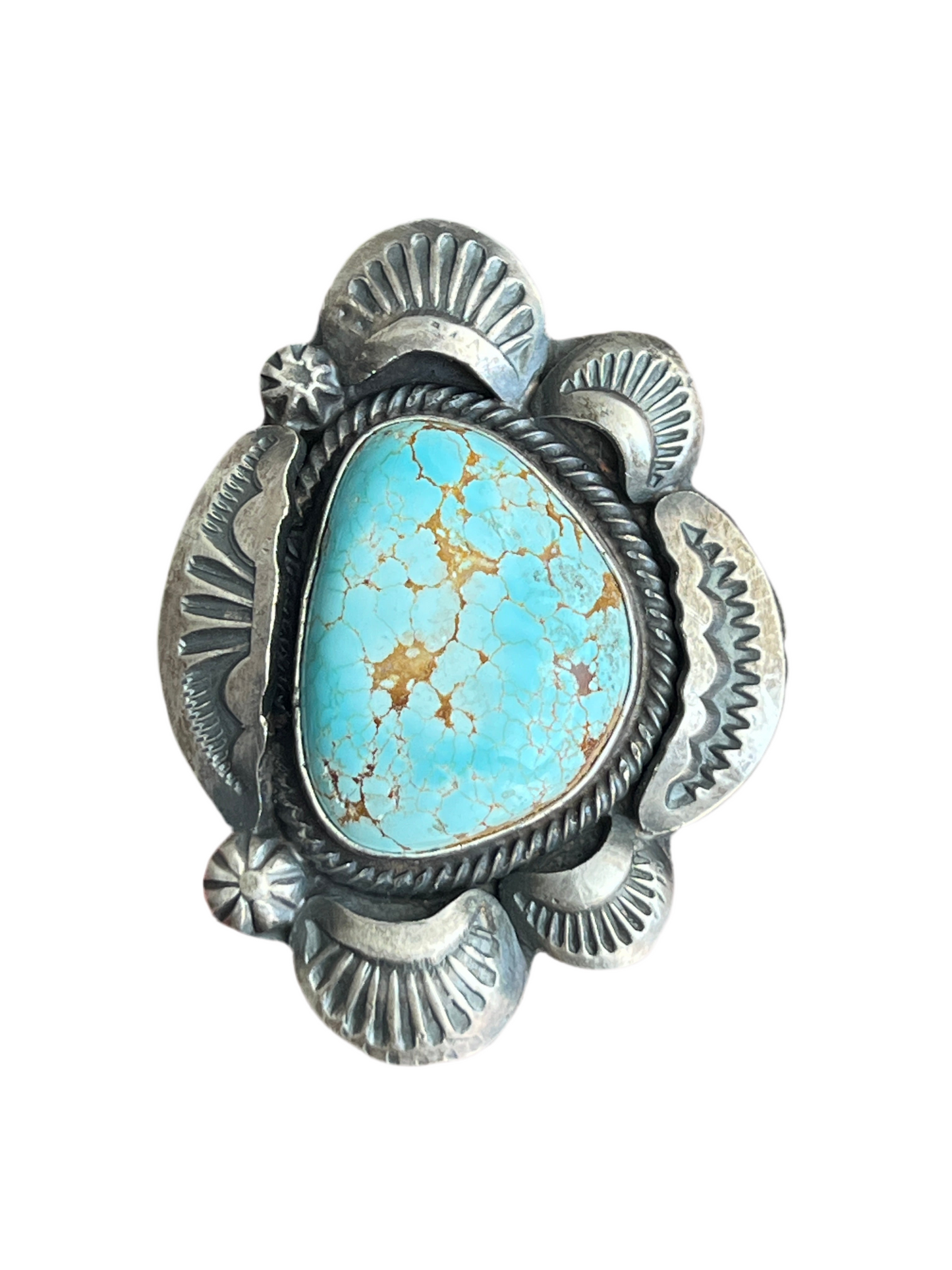 Sterling Silver and Number 8 Turquoise Ring by Navajo Artist, Gilbert Tom, Size 10.5