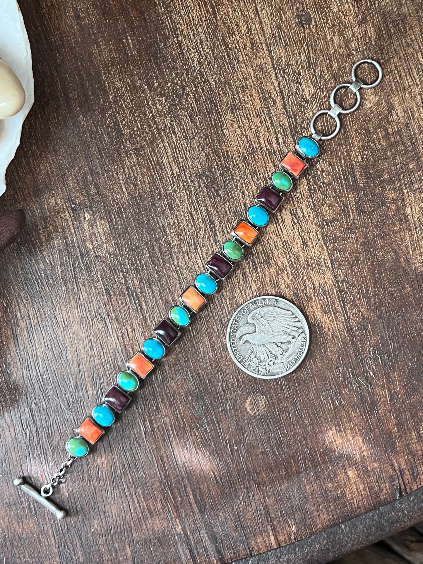 Sterling Silver Electric Rainbow Link Turquoise and Spiny Oyster Bracelet by Thomas Valencia, Mini Ovals & Rectangles