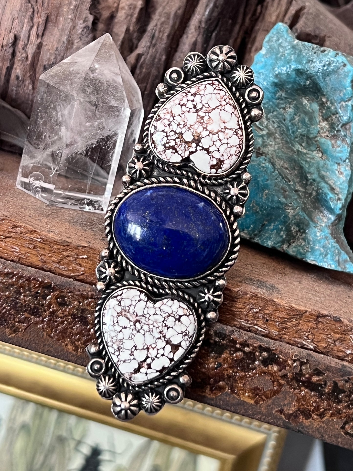 Rosella Paxson Triple Stone Sterling Silver Ring with Wild Horse Magnesite Hearts and Oval Lapis, Sz 8.5