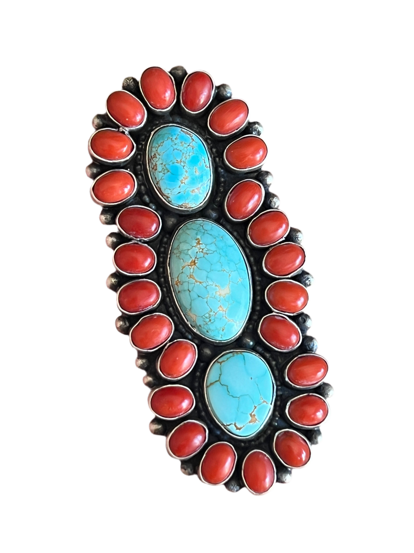 Navajo Sterling Silver, Coral and Number 8 Turquoise Ring by Darrin Livingston, Size 9