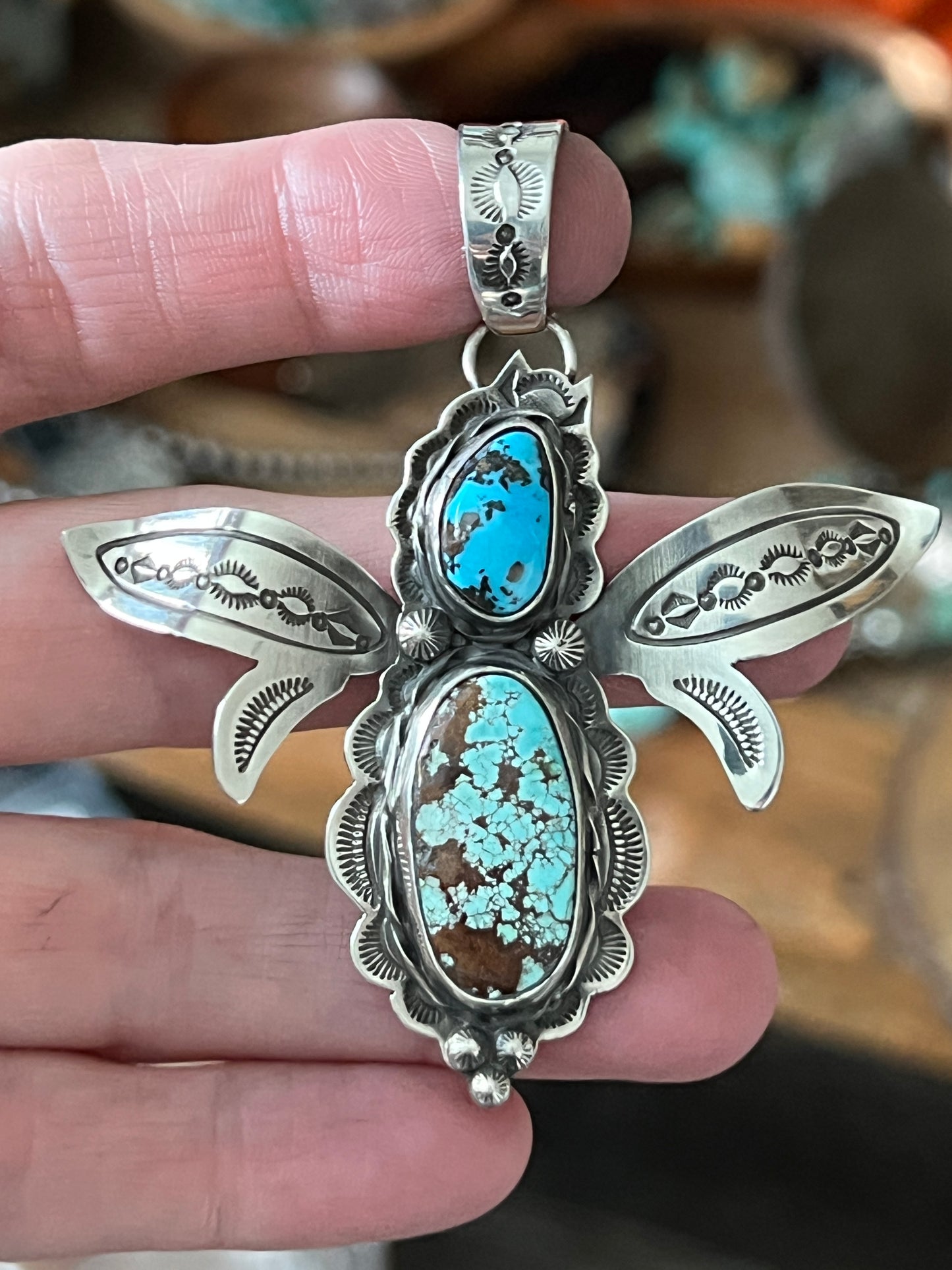Kimari Somers Hand Stamped Sterling Silver and Turquoise Winged Bug Pendant