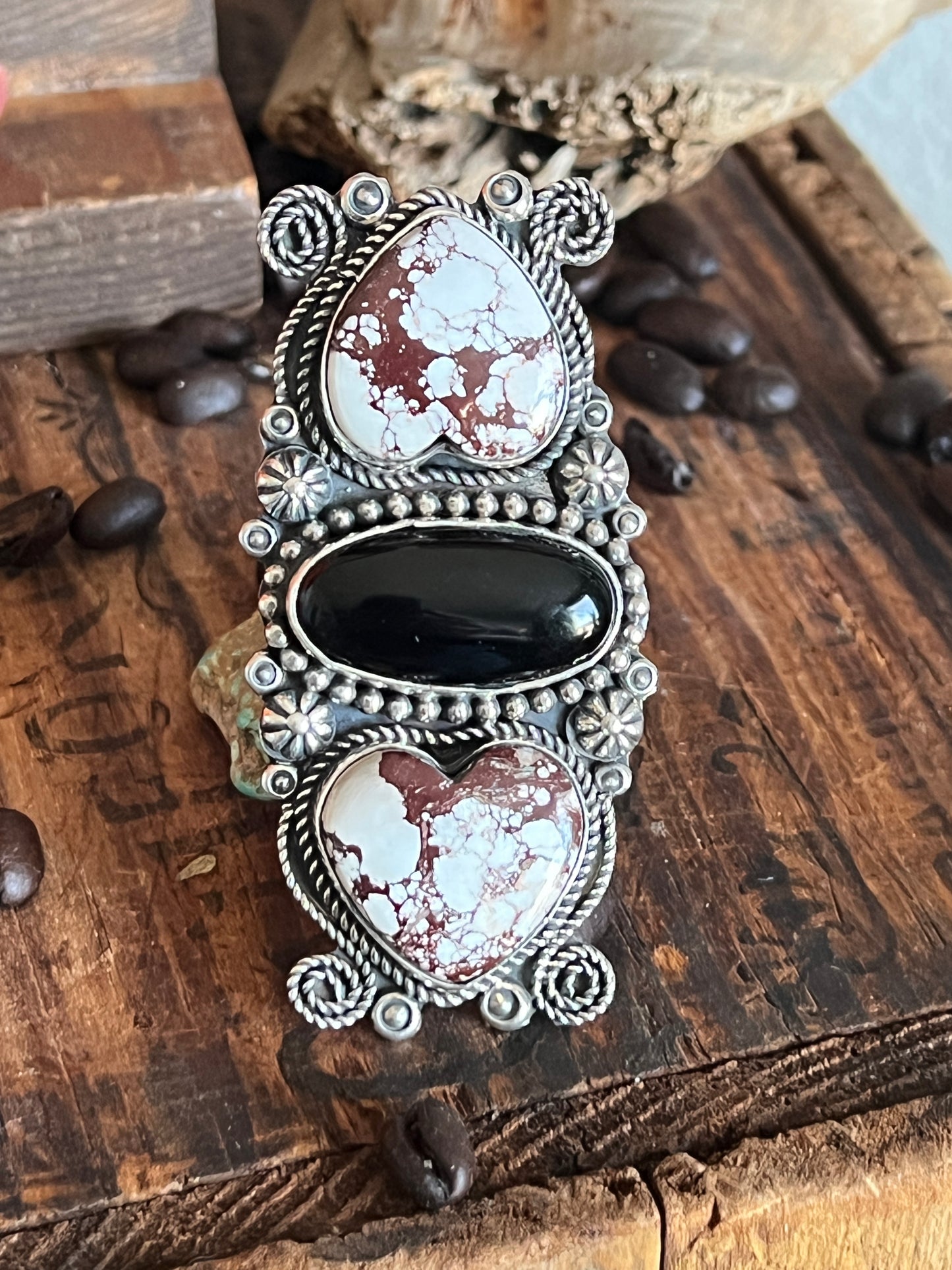 Rosella Paxson Triple Stone Sterling Ring with Wild Horse Magnesite Hearts and Oval Onyx, Sz 9-1/4