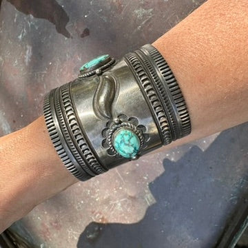 Navajo Made Sterling Silver Turquoise Wonder Woman Cuff Bracelet, Signed Albert Jake