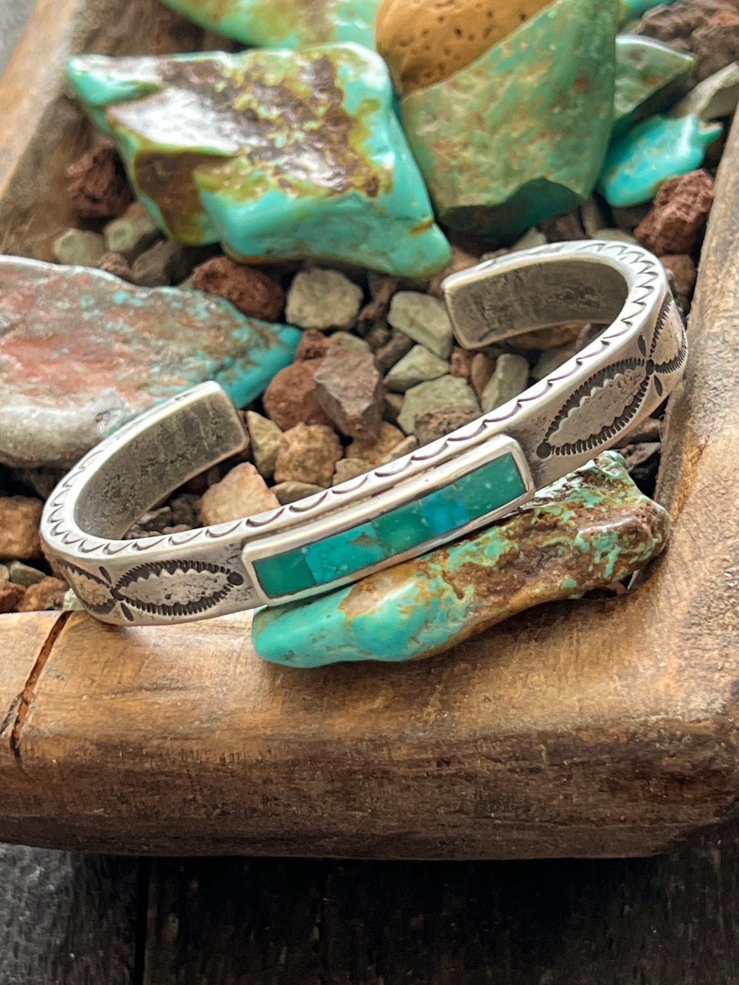 Falcon Trading Company Ingot Coin Silver and Fox Turquoise Inlay Cuff Bracelet by Joe O’Neill