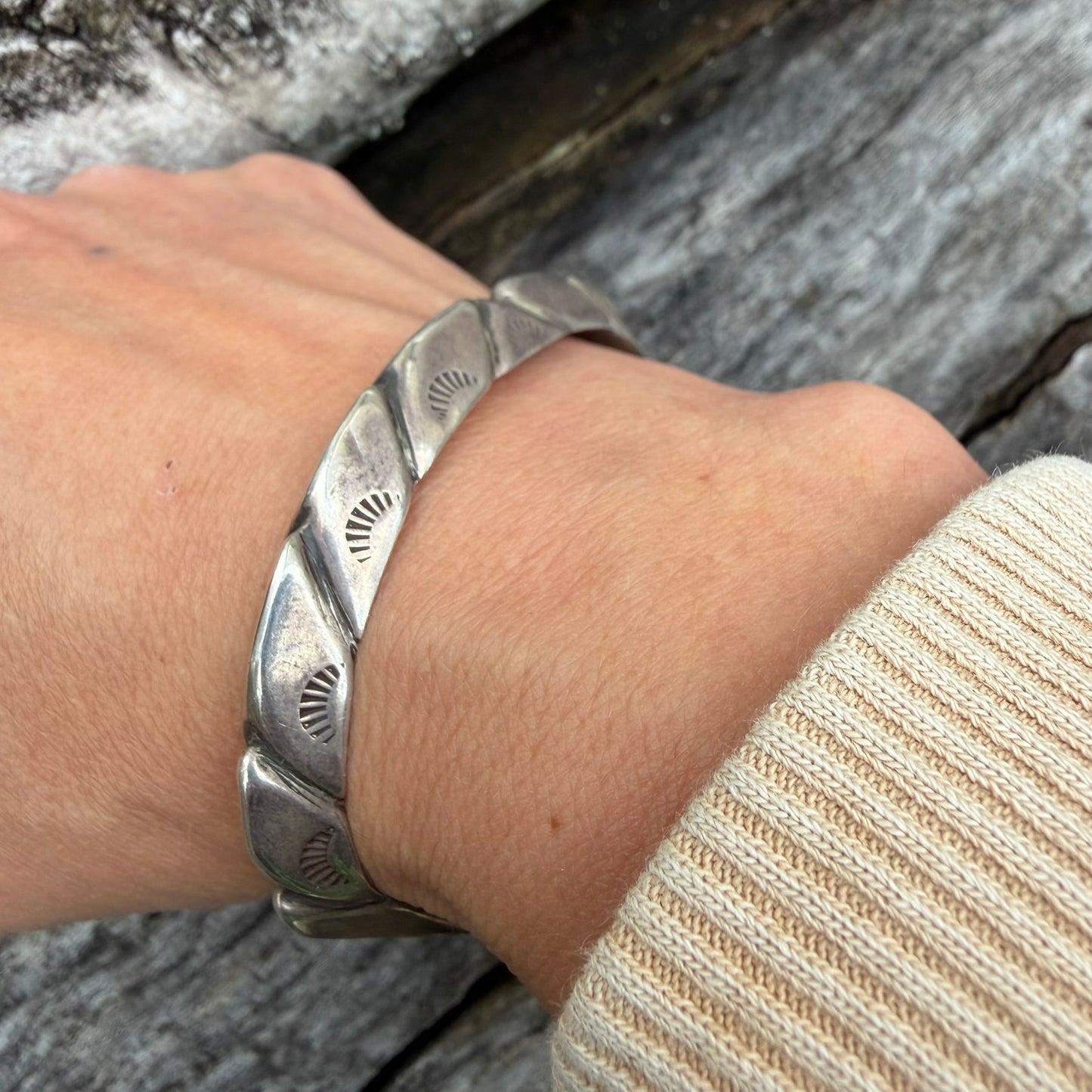 Navajo Made Sterling Silver Carinated Cuff Bracelet Signed MW