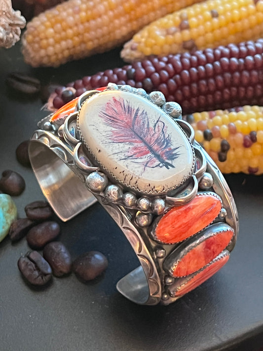 Sterling Silver and Spiny Oyster Shell Repurposed Ben Duboise Watch Cuff Bracelet by Isaac Baca