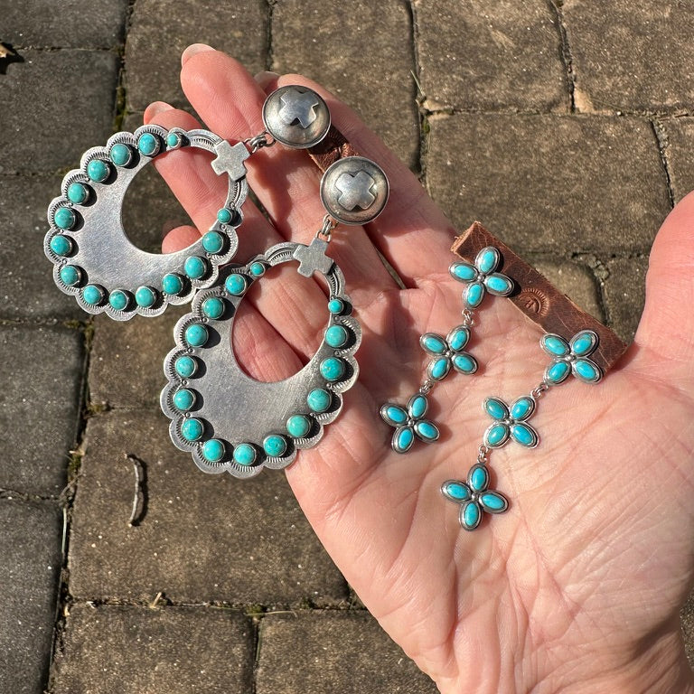 Artisan Made Sterling Silver and Turquoise Large Scallop Earrings by Dennis Hogan