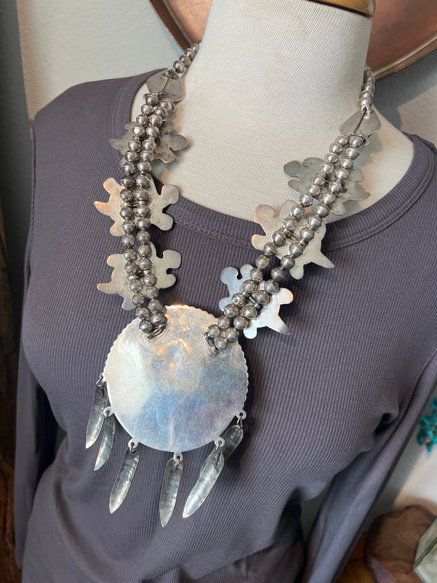 Vintage Sterling silver and Turquoise Turtle Themed Squash Blossom Style Necklace