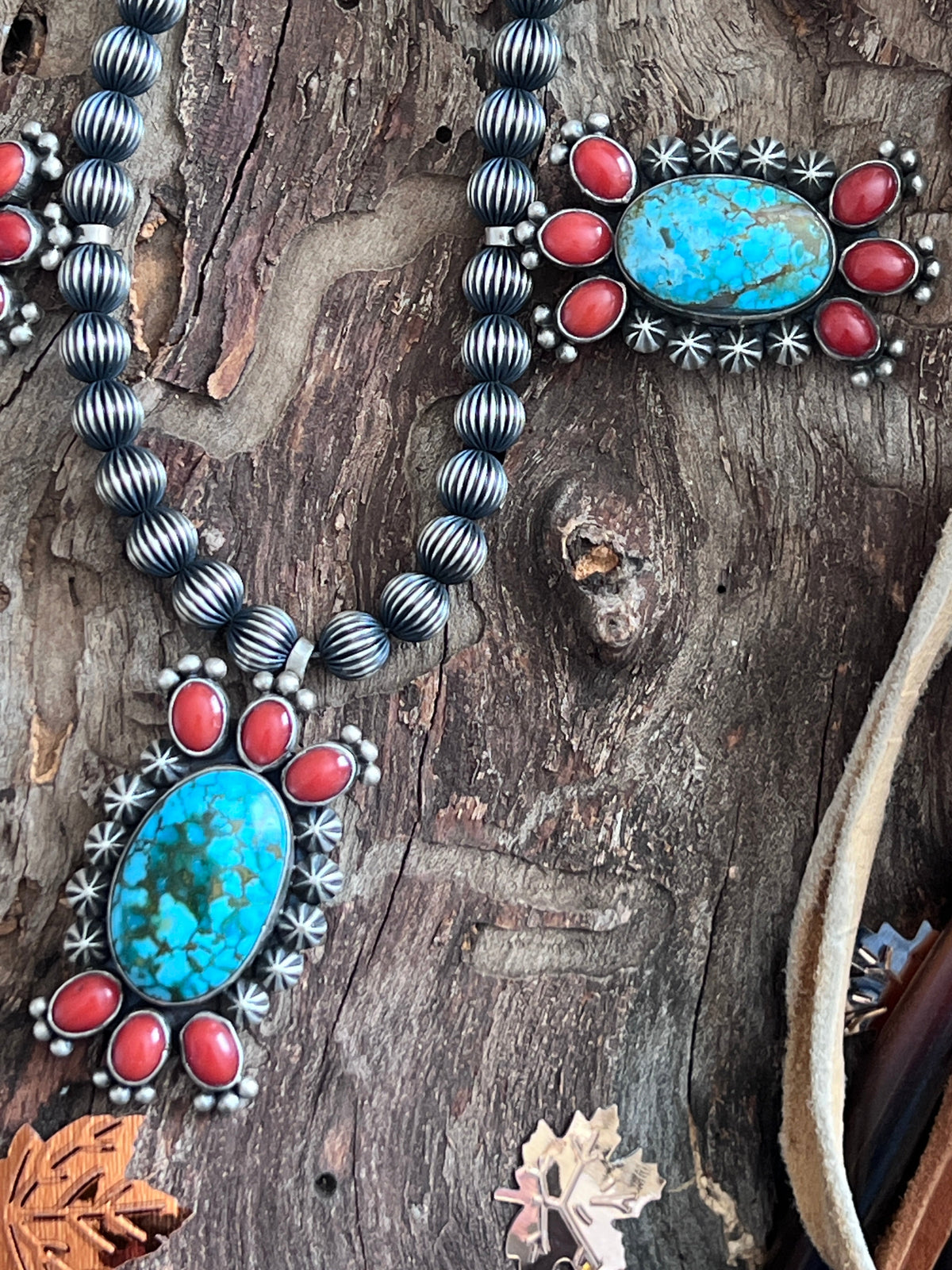 Taos Collection: Handcrafted Sterling Silver, Kingman Turquoise & Mediterranean Red Coral Necklace by Mark Yazzie