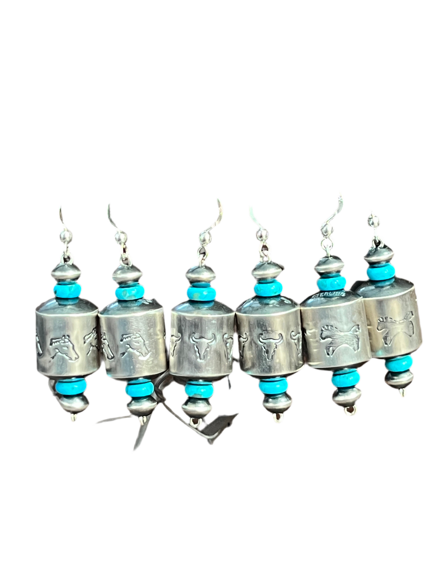 Navajo Sterling Silver and Turquoise Handmade Barrel Bead Earrings by Preston Haley