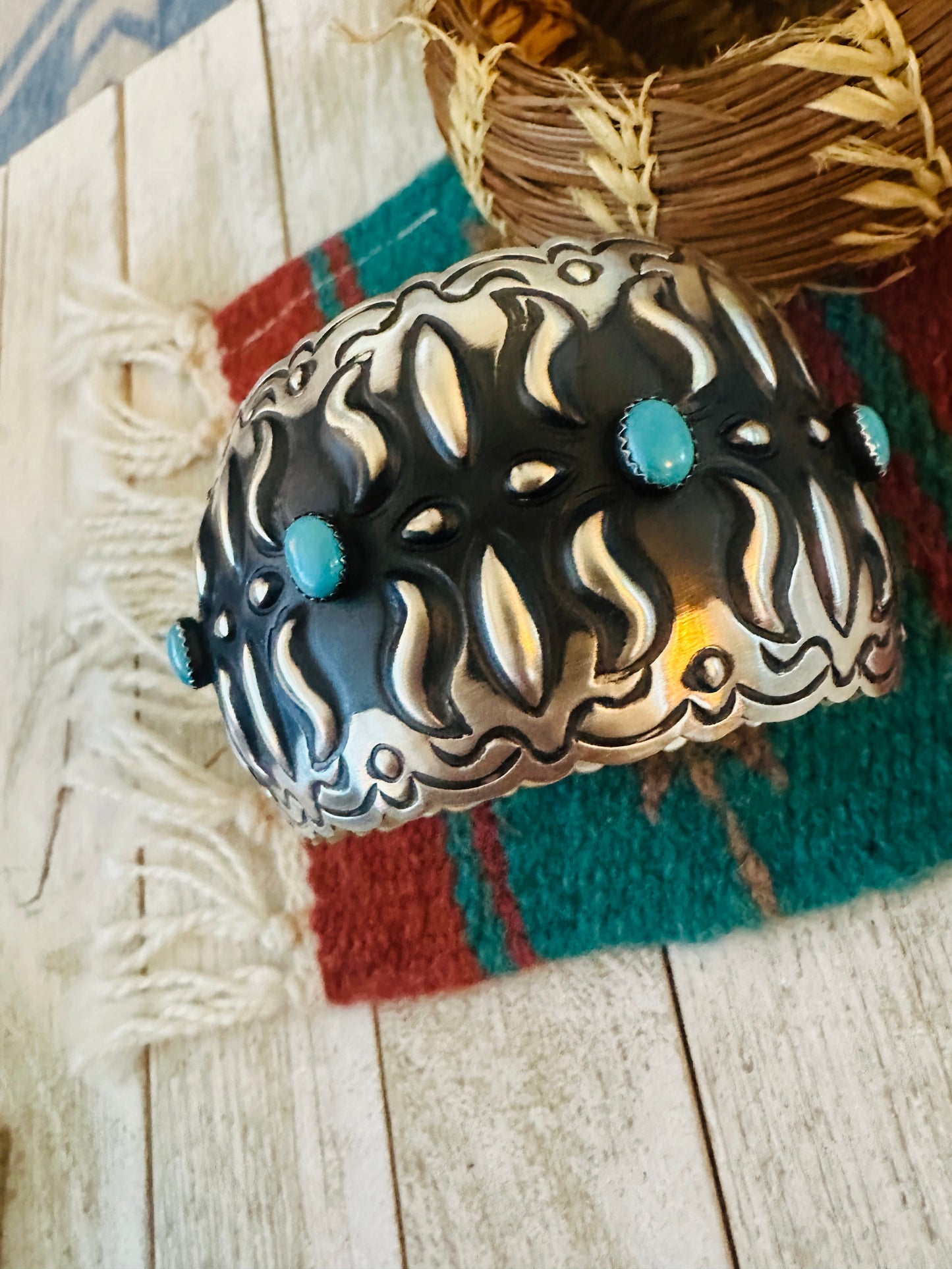 Navajo Sterling Silver & Turquoise Bangle Bracelet by Leander Tahe