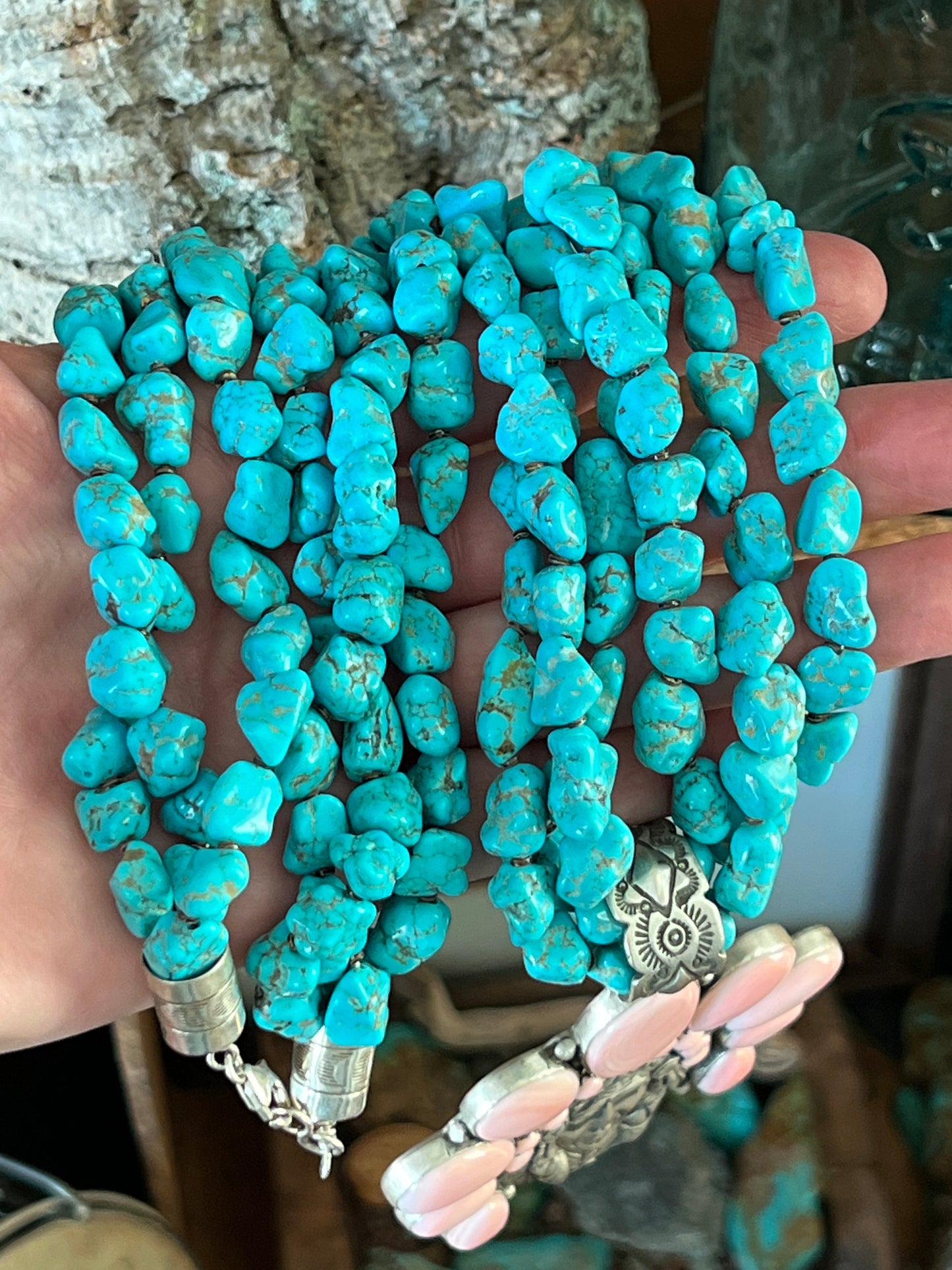 Navajo Sterling Silver Pink Conch Chief and Triple Strand Turquoise Nugget Bead Necklace by Patrick Yazzie