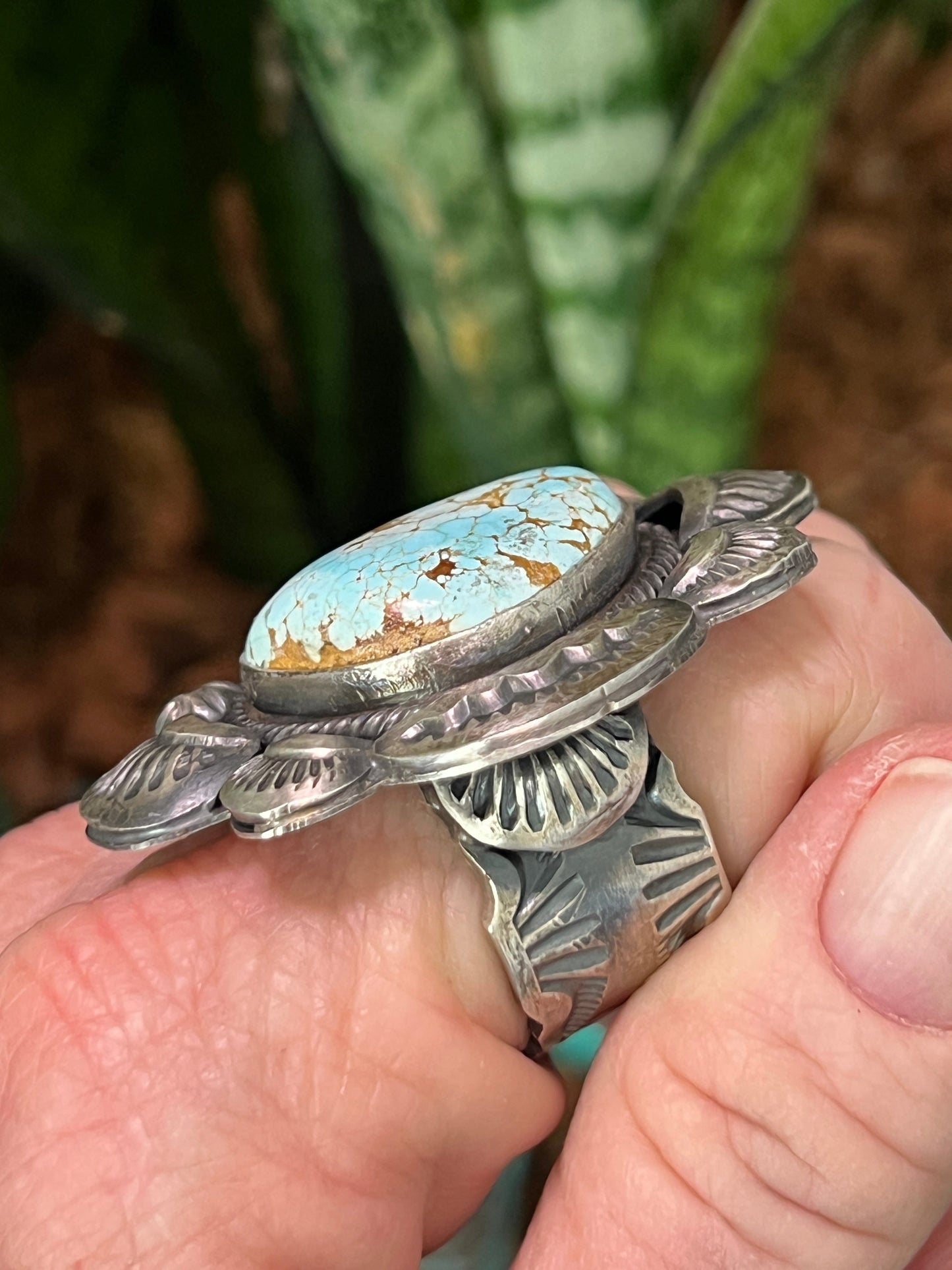 Sterling Silver and Number 8 Turquoise Ring by Navajo Artist, Gilbert Tom, Size 10.5