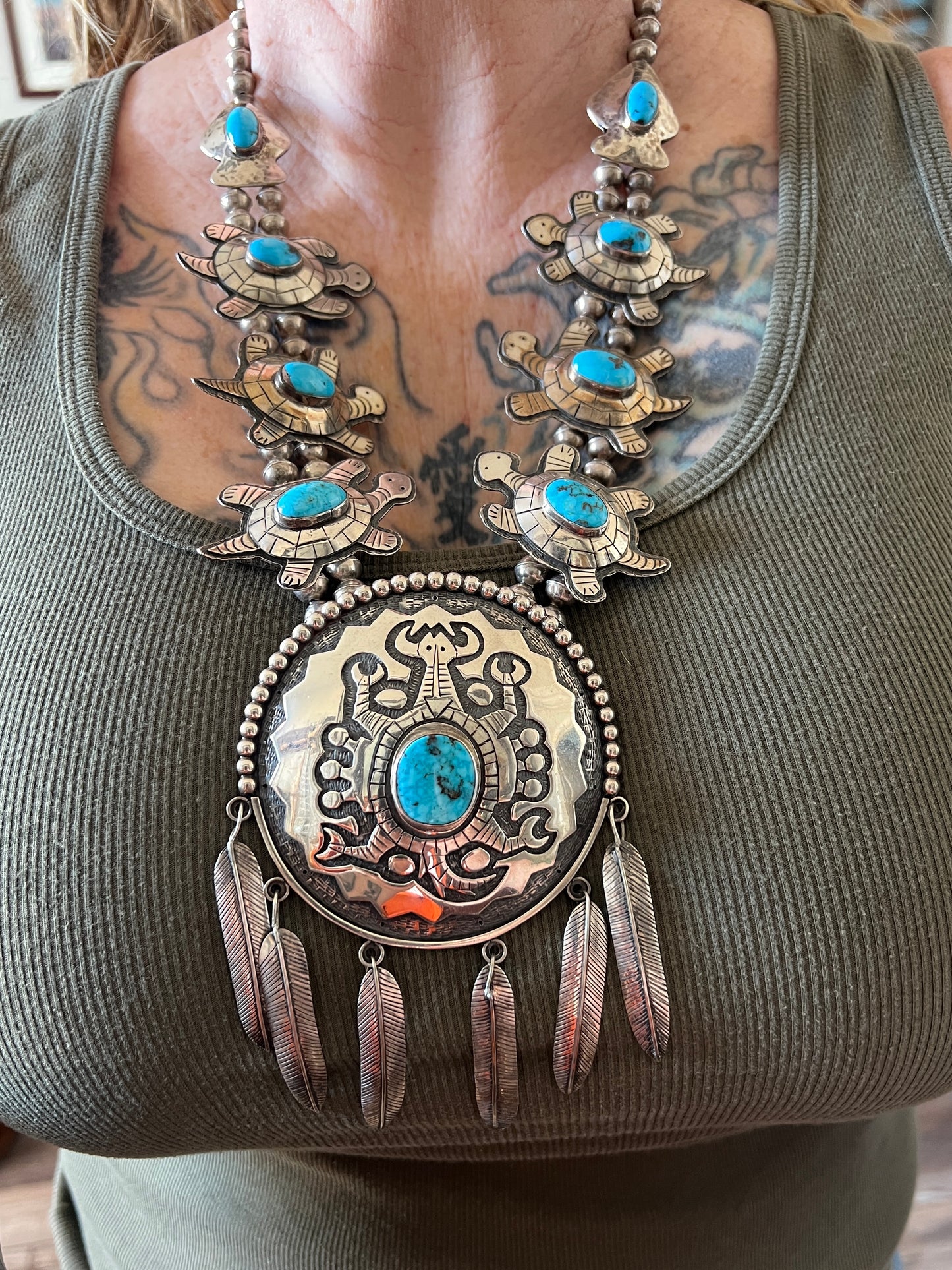 Vintage Sterling silver and Turquoise Turtle Themed Squash Blossom Style Necklace