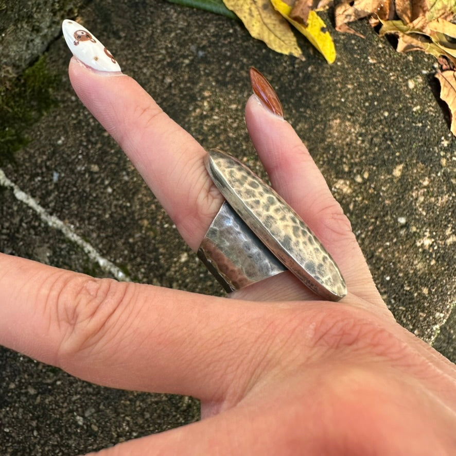 Navajo Sterling Silver Hammered Shield Ring Signed by Clendon Pete