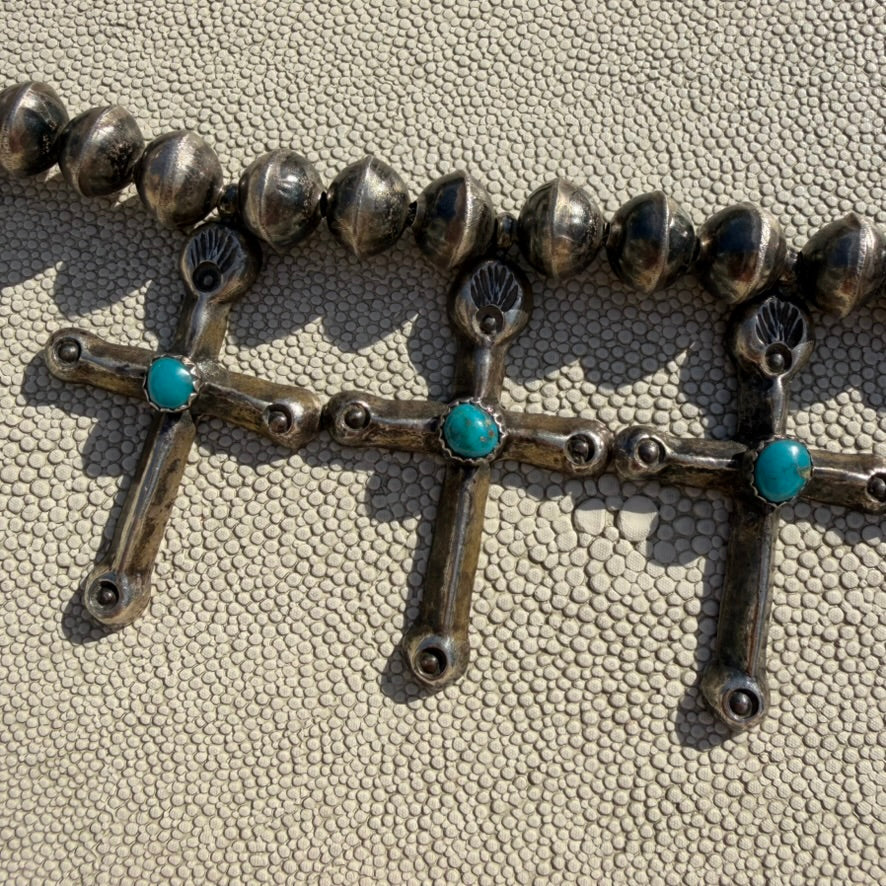 Vintage Sterling Silver and Turquoise Cross Squash Blossom Style Necklace Unsigned