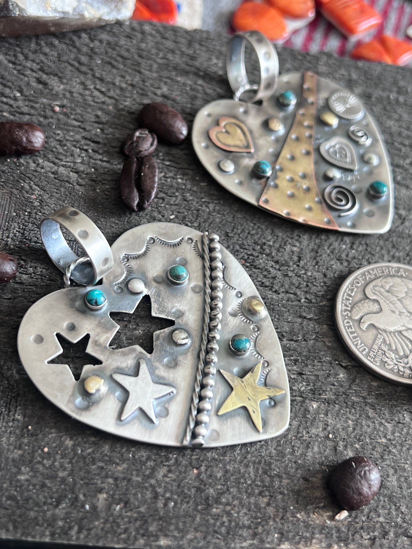 Hand Stamped Sterling Silver & Turquoise Heart Pendants w/ Brass Accents by Kimari Somers