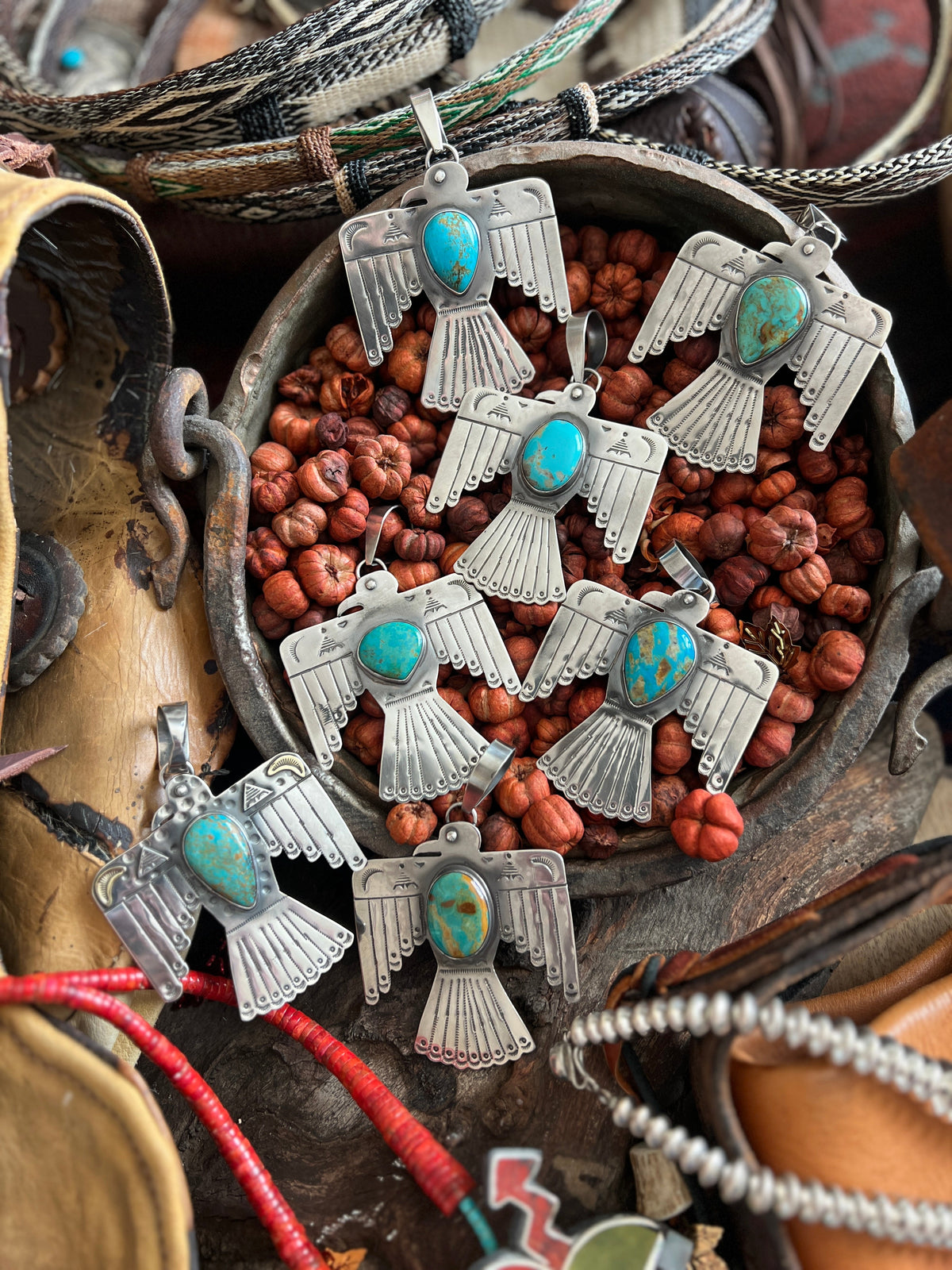 Kimari Somers Hand Stamped Sterling Silver & Kingman Turquoise Thunderbird Pendant 5